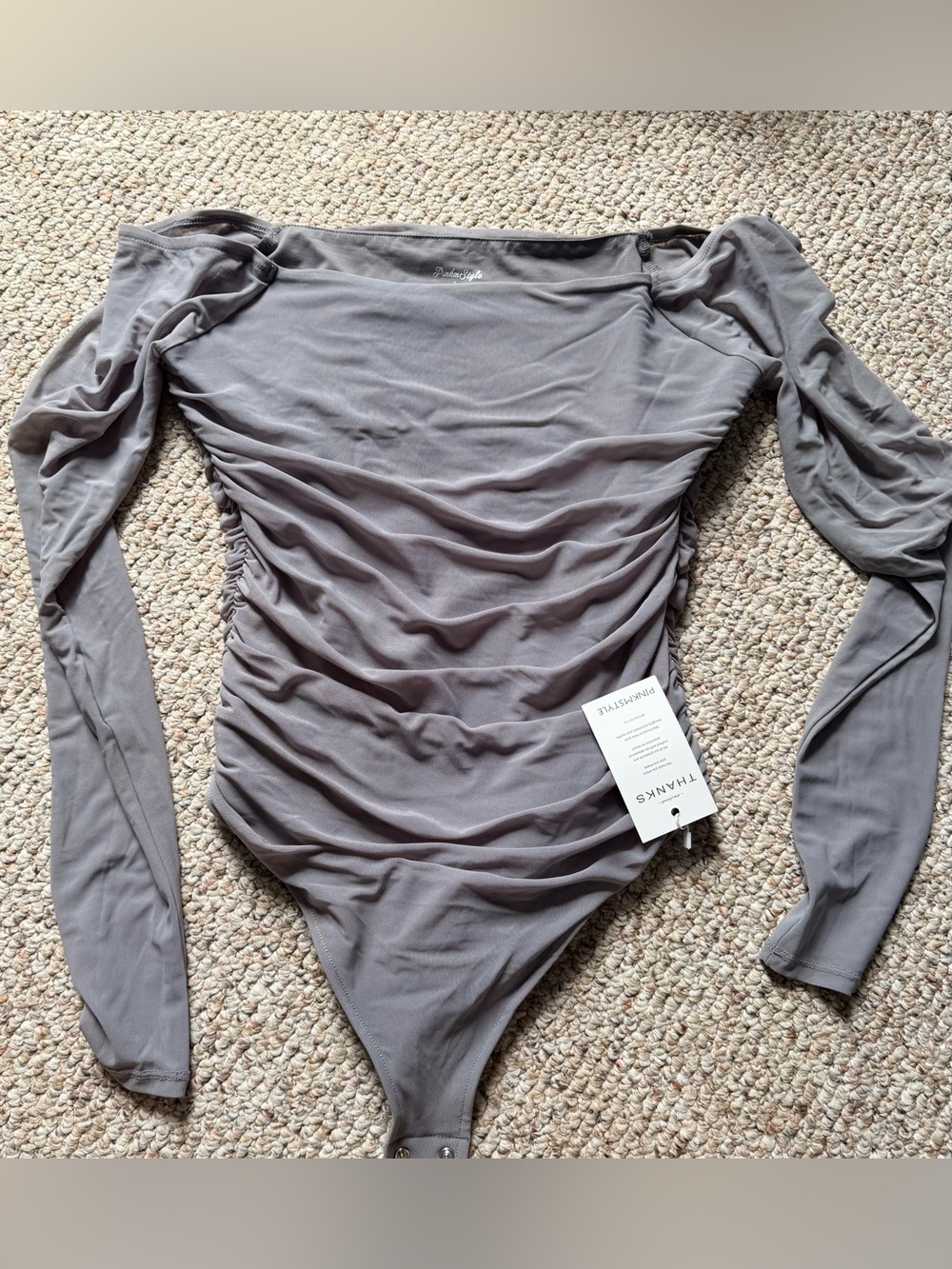 NWT Pinkm Style Ruched Long Sleeve Bodysuit - Gray NWT